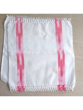 Set of 6 New White Napkins Pink Stripes Fringe Edges 12"x12" Cotton Blend